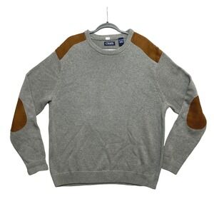 Chaps Sweater Mens 2XL Gray Cotton Knit Brown Elbow Shoulder Patches Pullover